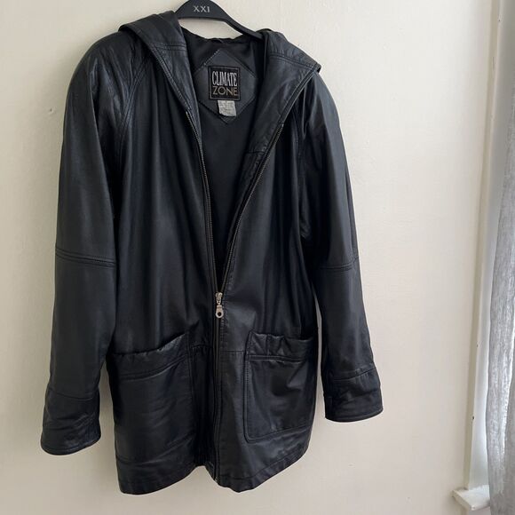 CLIMATE ZONE Vintage Hooded Black Leather Long Jacket Minimalist Streetwear- Med - Picture 3 of 9